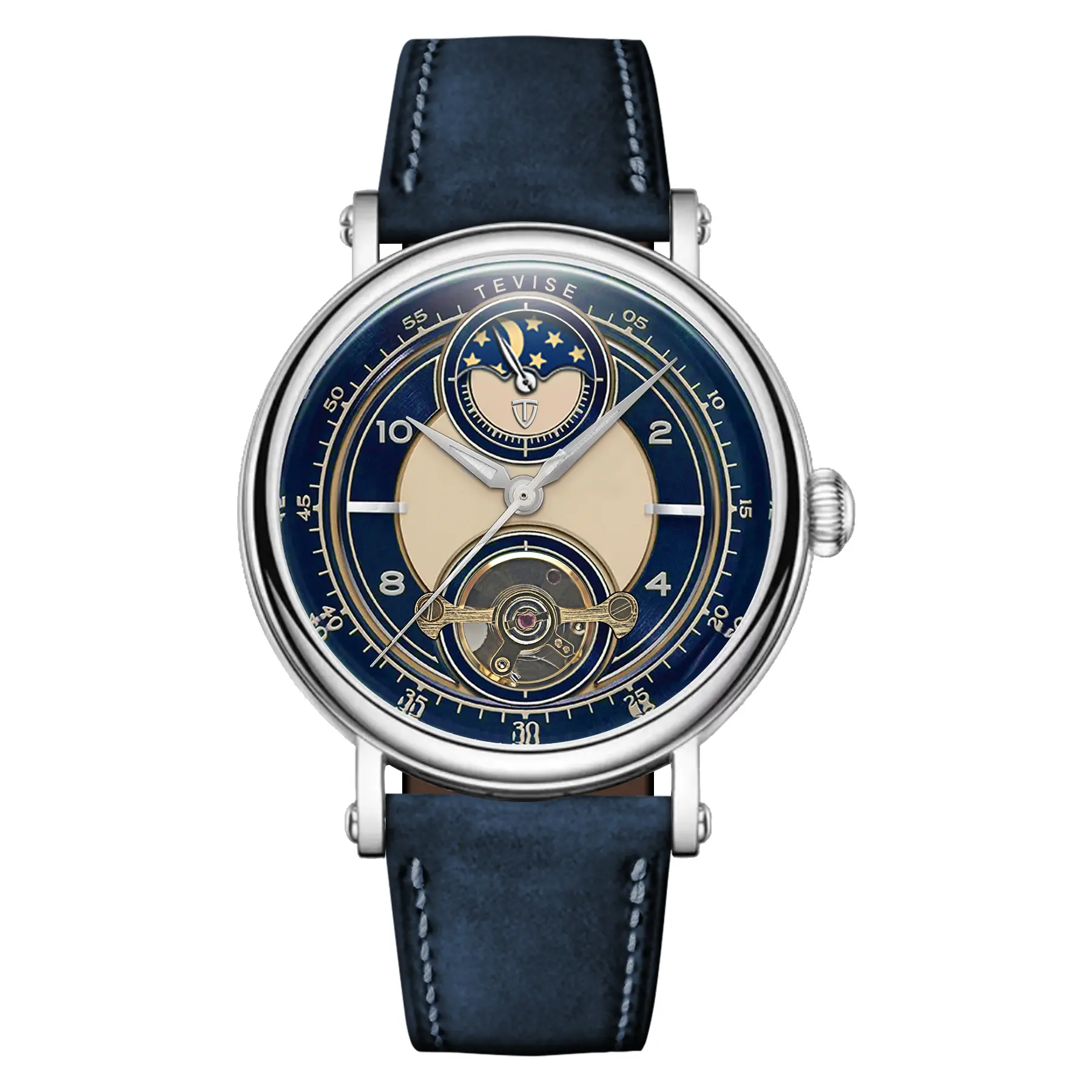 TEVISE Men's Automatic Skeleton Watch, Classic Business Wristwatch with Leather Strap, Moon Phase and Luminous Dial, Classic Analog Watch, Watches