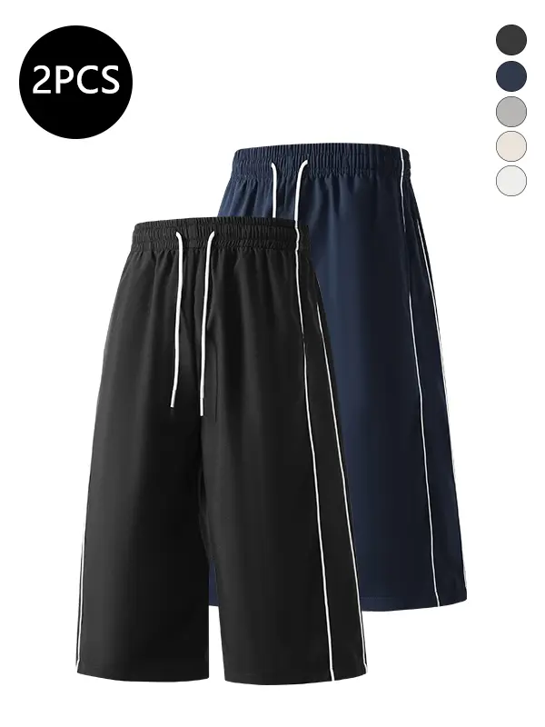 2-Pack Men’s Summer Striped 7/8 Shorts — Trendy High-Street Street Sport Style, Loose Fit, Versatile Casual Shorts for Fitness, Running, and Leisure
