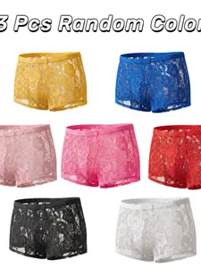 Men's Sexy Lace Embroidery Briefs 3 Pack, High Elasticity Thin Breathable Ice Silk Underwear, Soft, Smooth, Comfortable and Stylish Inner Wear