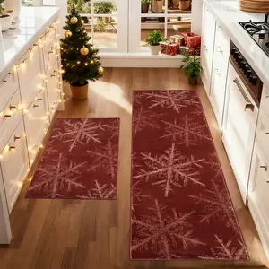 Christmas kitchen mat, Christmas rug, 2Pcs non-slip kitchen rug set, Red Christmas snowflake pattern Floor Mat Set, soft comfortable foot mat, machine washable, Christmas gift, for kitchen Dining Room floor bedroom living room, Soft Washable Rugs
