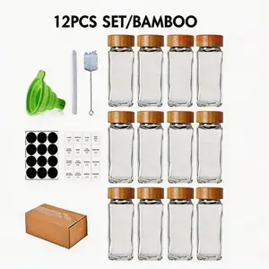12pcs Glass Spice Jars Set, Bamboo Wood Lid Square Condiment Bottles, Kitchen Storage Containers for Wooden Shelves Drawers, Coffee Storage Canisters