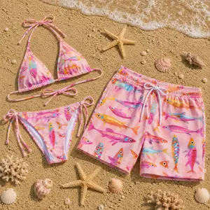 Tropical Ocean Graphic Bikini & Men’s Swim Shorts Set with Colorful Fish Print, Hawaii Beach Style, Lightweight Summer Swimwear for Vacation & Resort Wear.
