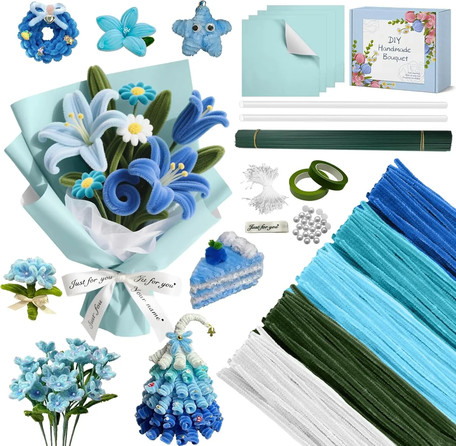 500 count Pipe Cleaners Craft, Blue Pipe Cleaners Bulk with 5 Color Chenille Stems for Flower Kit Pastel Fluffy Fuzzy Sticks for Craft DIY Art Party Decorations