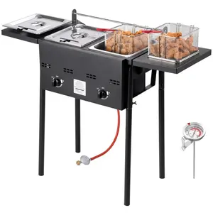 Outdoor Propane Deep Fryer, Dual-Tank 8QTx2 Commercial Fryer, Stainless Steel Cooker with Foldable Platform, Dual Basket, and Heat Adjustment, Floor Standing Fryers for Restaurant Home Snack Bar