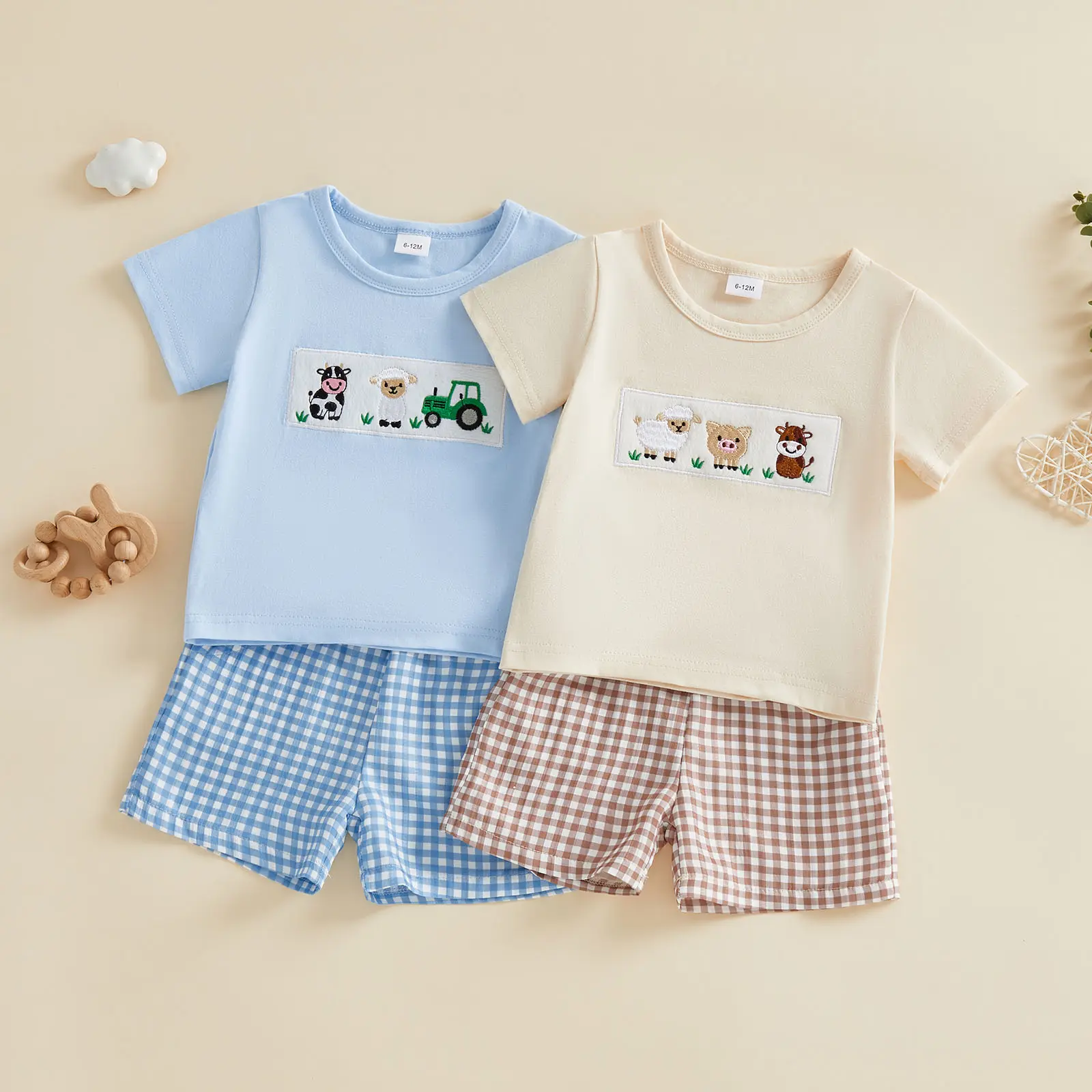 Toddler Baby Little Boys Farm Shorts Sets Short Sleeve Animal Embroidery Tops and Plaid Shorts Spring Summer 6M-4Y