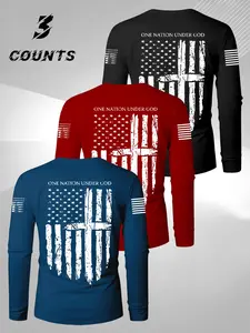 Men's 3-Piece Set American Flag Print Cross Design, Casual Round Neck Long Sleeve T-Shirt, Sporty Streetwear Style, Athleisure Tee