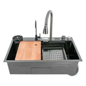 30"*18" Digital Display Waterfall Sink Multifunctional Workstation Kitchen Sink with High-pressure Cup Washer Kitchen Sink with Pull-Out Faucet