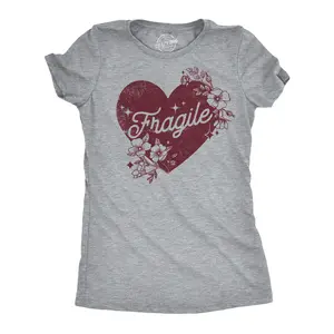 Womens Fragile Heart T Shirt Funny Valentines Day Delicate Sensitive Joke Tee for Ladies Funny Womens T Shirts Cute Vintage Fashion Casual Ladies T-Shirt Gift Love Tops for Women Funny Sarcastic Top Women's Light Grey