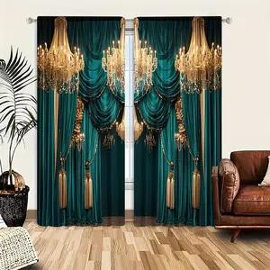 2 elegant green polyester fiber printed curtains, modern four season design, 100% polyester, filter, with pole bag, easy to hang, very suitable for kitchen, laundry room, bedroom, study, living room