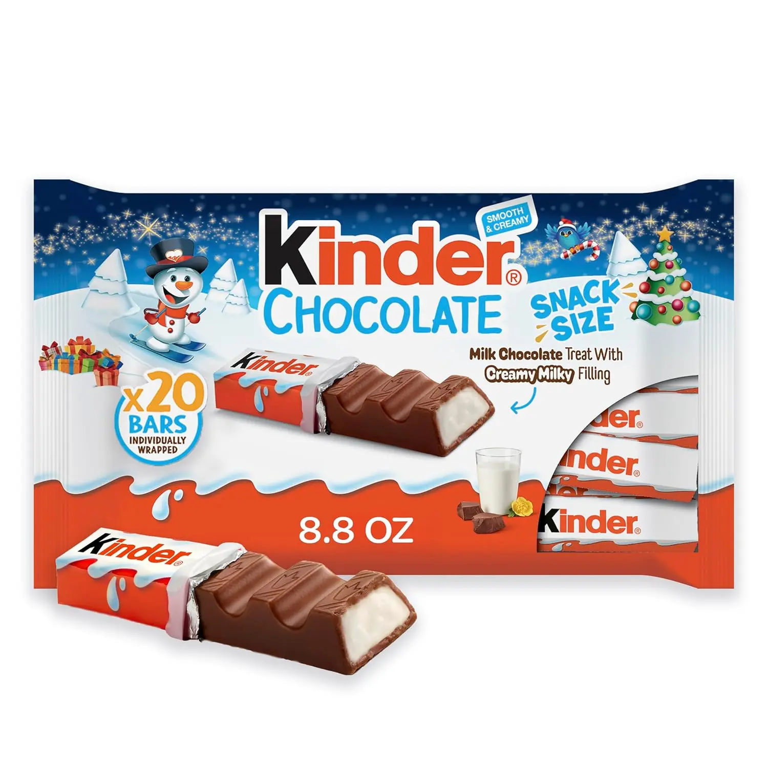 Chocolate Holiday Laydown Bag, Milk Chocolate Treat with Creamy Milky Filling, Individually Wrapped, 20 Regular Size Bars, 8.8 oz