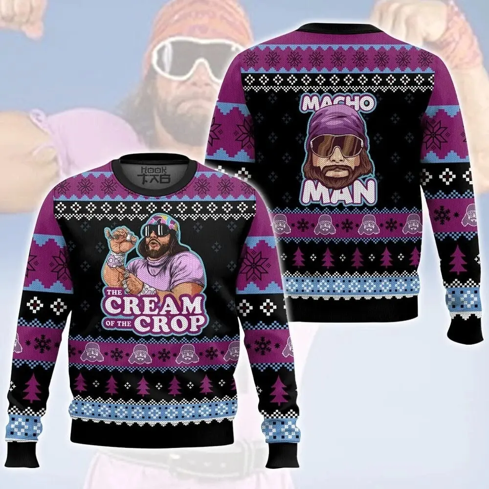 Macho Man Wrestler Ugly Christmas Sweater 3D Cream Of The Crop Funny Xmas Pullover Unisex Streetwear Casual Oversized Warm Sweatshirt Men Women Fall Winter Spring Holiday Gift