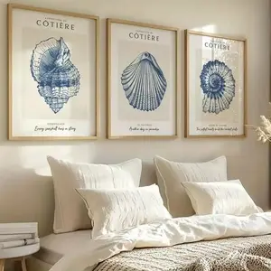 3pcs Retro Wall Poster Blue Ocean Theme Art Print Cute Shell Living Room Home Decoration Bedroom Aesthetic Design Frameless Hanging Painting