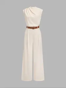 Women's Solid Color Jumpsuit with Belt, Casual Fashion Jumpsuit for Work Office Business, Ladies Clothes for Summer