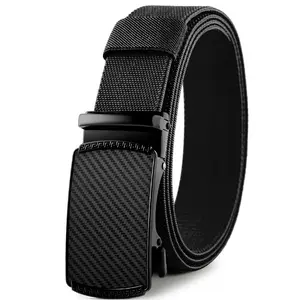 Men’s woven band automatic belt featuring an automatic buckle head with carbon fiber texture and Greek key embossed detailing; this belt is durable and versatile, making it a top choice for formal wear, suitable for work, everyday outings, and special occ