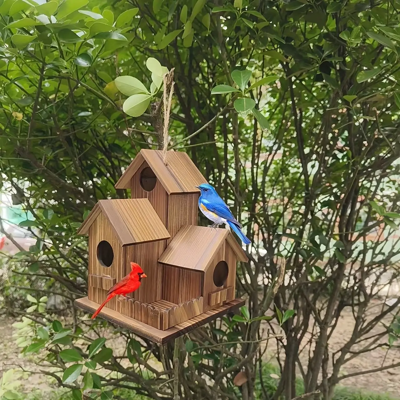 Solid Wood Bird House, 3 Compartments Wooden Bird Cage Villa Outdoor Garden Bird Nest Shelter, Wooden Bird Houses, Bird Houses For Outside
