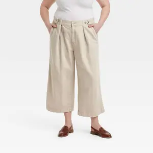 Women's High-Rise Cropped Two Way Denim Trousers - Universal Thread Off-White 26: Relaxed Fit, Adjustable Waistband, Midweight Fabric