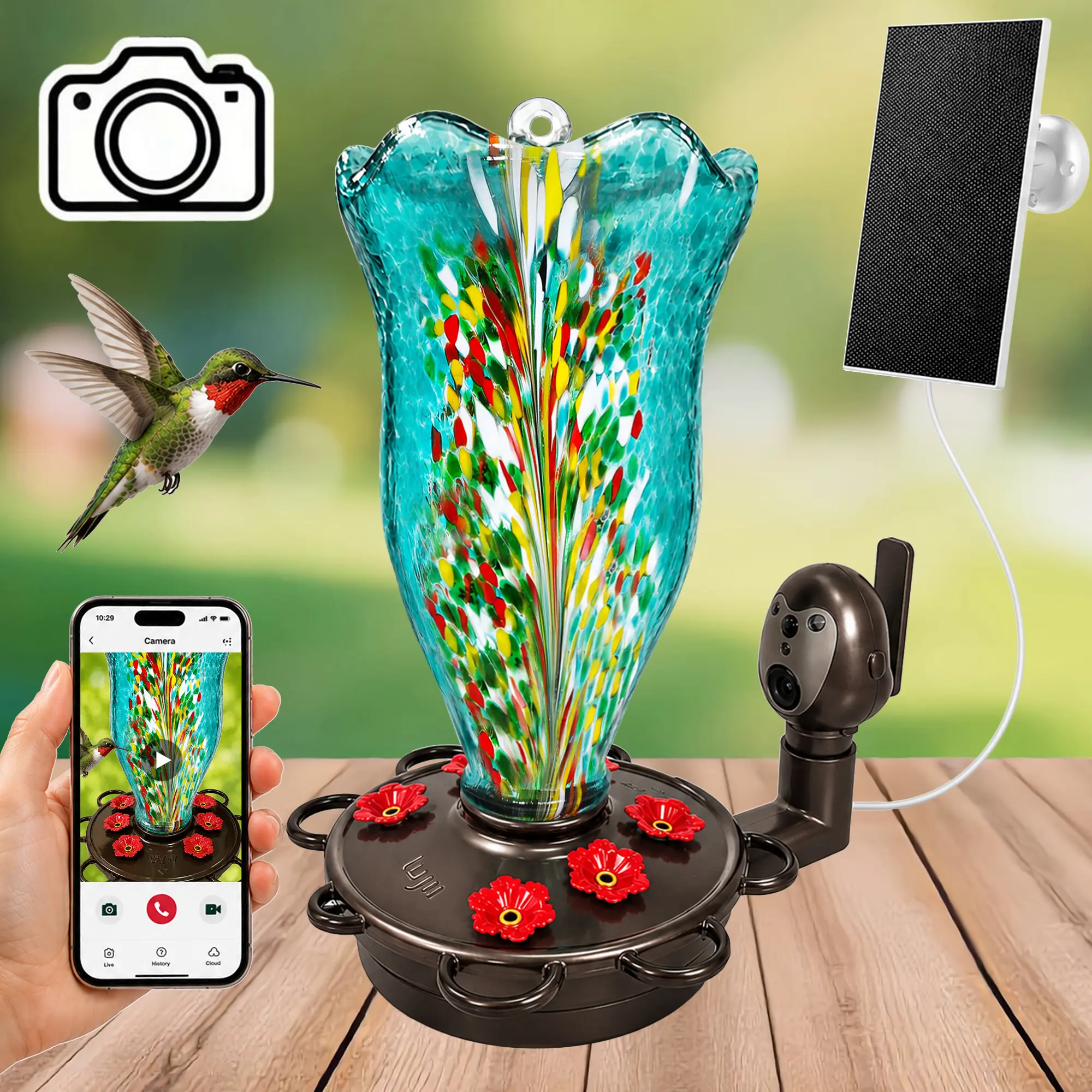 Smart Camera Hummingbird Feeder with Solar – 1080P Live View, Motion Alerts & Auto Recording, Hand-Blown Glass, Leak-Proof & Rustproof, Ideal Garden Gift