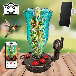 LUJII Solar Bloom Hummingbird Feeder with Camera, Hand Blown Glass Bird Feeder with Smart Camera Viewing, Motion Alerts, Auto Recording, Leak Proof, Fade Resistant & Rustproof Outdoor Feeder gardening gift