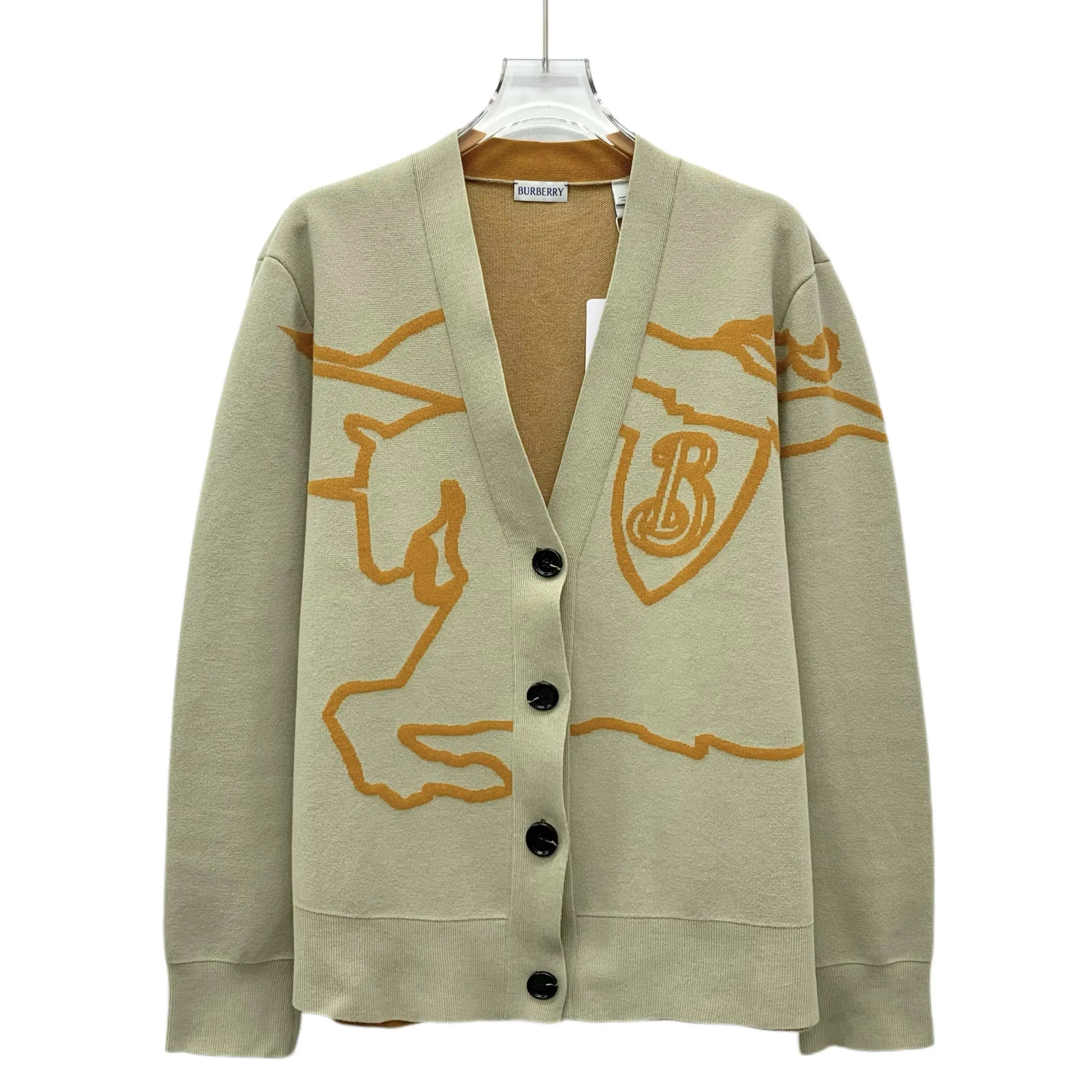 RDLT - Burberry Light Green Equestrian Knight Jacquard Cotton V-Neck Cardigan Size M