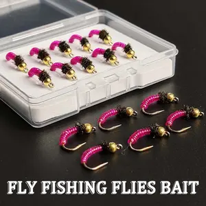 5/10Pieces Brass Head Midges Artificial Nymph Bait Fishing Bass Trout Fly Fishing Bait-With Flies Box