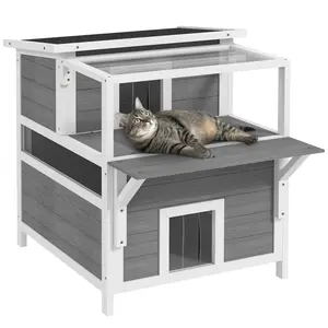 PawHut 2-Story Outdoor Cat House with Balcony, Weatherproof Feral Cat Shelter with Openable Top, Escape Door, Removable Panel & Floor, Wooden Cat House for Outside, Backyard, Light Gray