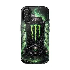 Flat Printed Heavy Metal Skull Tough Phone Case, Dark Gothic Chains Dual Layer Cover, Edgy Neon Green E-Boy Heavy Duty Bumper.