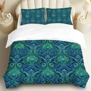 3PCS Duvet Cover Set, 1 Duvet+2 Pillowcases(Without filler), Peacock Blue Elegance Pattern theme, Christmas bedding set, Luxurious Bohemian Vintage Paisley Suitable for decoration Bedroom, Guest Room, Hotel, Lounge.