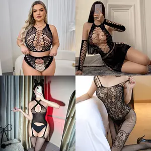 Plus Size 4pcs Open Crotch Bodysuit & Sexy Lace Lingerie Set Black Mesh Corset Lace Black Fishnet garter Basic Minimalist Intimate Apparel Seductive Clothing Pieces Womenswear Mixed Color babydoll sexy set floral christmas Teddy Halter Halter Neck
