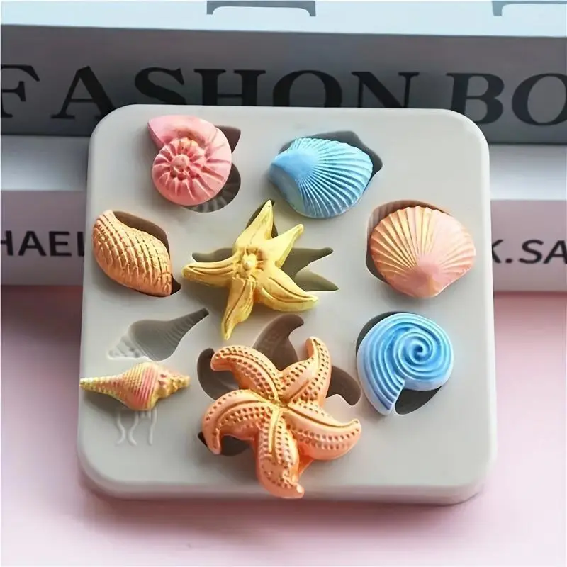 3D Marine Life Shaped Silicone Mold, 1 Count Multi Grid Conch Shell Starfish Mold, Baking Mold for Cake, Cookie, Chocolate, Cake Decorating Mold, Molds For Baking