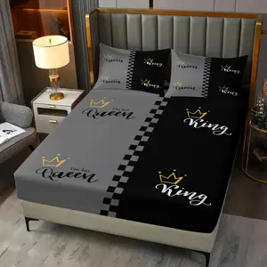 "King" "Queen" Printed Three-Piece Fitted Sheet Set, Including Two Coreless Pillowcases, With Strong Wrapping, A Couple-Themed Bedding Gift, Full of Romantic and Sweet Atmosphere in The Bedroom, Warm and Soft Bedding