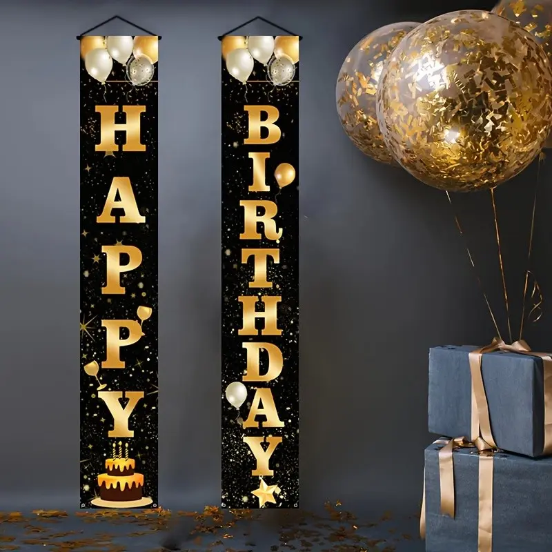 Happy Birthday Banner Set, Gold Theme Party Decorations, Indoor Outdoor Hanging Flags, Photo Prop Decoration