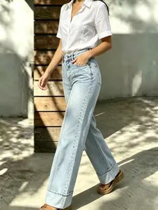 Women's  straight leg jeans High Waisted Stretchy straight leg jeans Trendy Seamed Front slim Denim Pants
