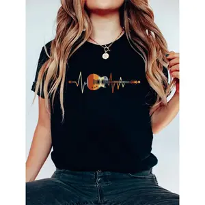 Women's Black 180g Cotton Crew Neck Short Sleeve Graphic Tee with Guitar and Soundwave Print - Casual Music Lover Top Trendy Comfortable Rock Style T-Shirt for Fashionable Everyday Wear