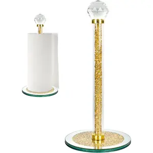 Paper Towel Holder Stand,Gold Countertop Paper Towel Roll Dispenser Holders with Round Base, Tissue Countert Filled with Crystal Sparkly Crushed Diamonds House Decor for Kitchen Bathroom, Heavy Weight