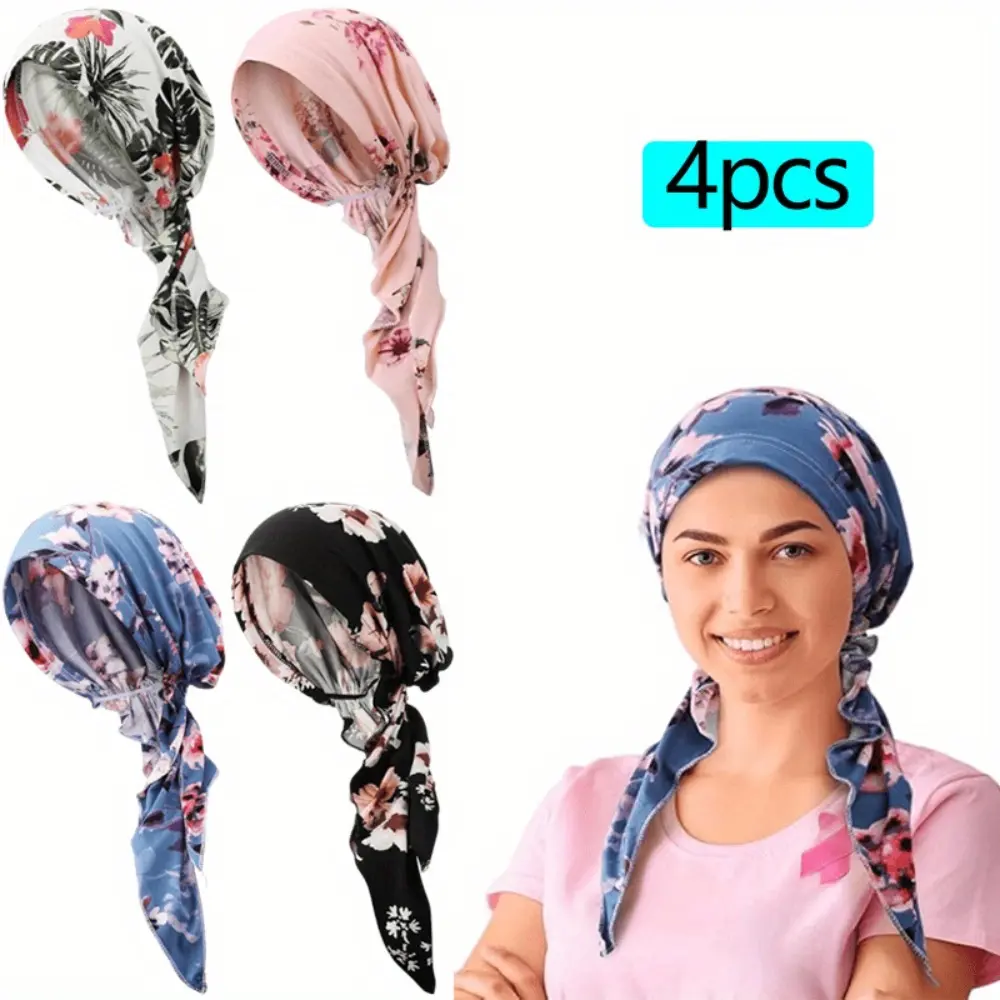 4pcs Women Head Scarf Pre-Tied Head Scarves Beanies Covers Cap Stretch Print Sleep Turban Hat Ruffle Beanie Scarf