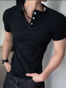 Men's Ribbed Henley T-Shirt, Slim Fit Short Sleeve Button Neck Muscle Tee, Casual Daily Wear, Sports Outdoor, Travel Vacation