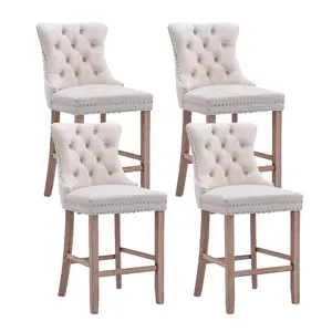 Modern Velvet Upholstered Bar Stools Set of 2 or 4, Velvet Tufted Bar Chairs with Wood Legs & high Backrest and Nailhead Trim, for Kitchen Island, Counter Height Chair for Kitchen, Bar, Dining Room
