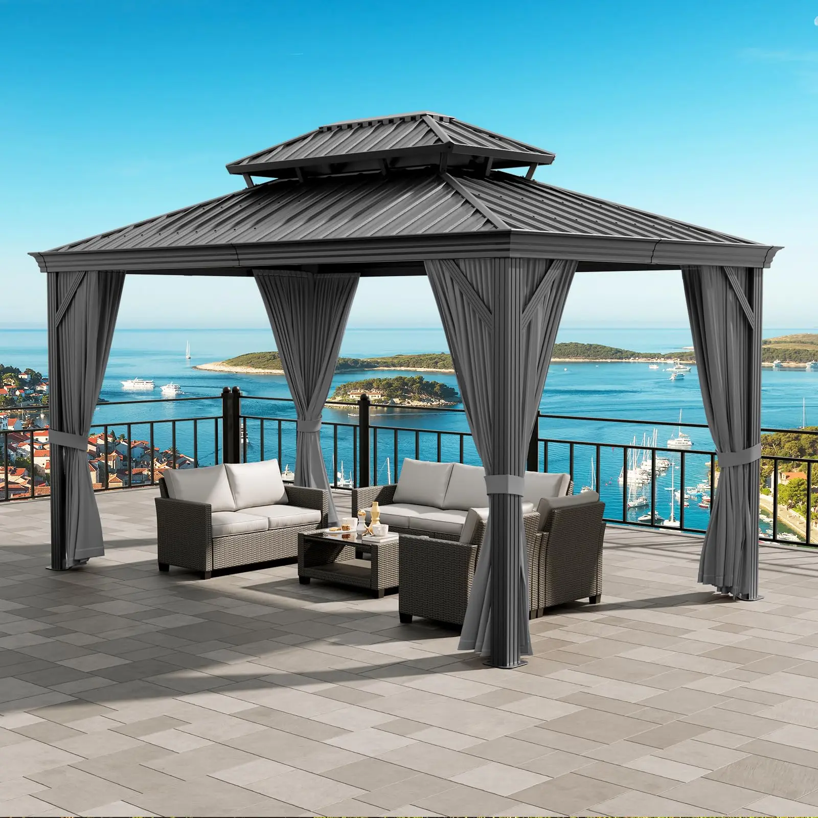 12′×16′ Hardtop Gazebo, Heavy Duty Aluminum Permanent Outdoor Pavilion with Curtains & Netting for Garden