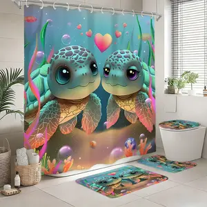 4pcs Creative Cartoon Turtle Bathroom Curtain Set, Includes Toilet Lid, Bath Mat, Hooks, Modern Home Decor, Holiday Gift