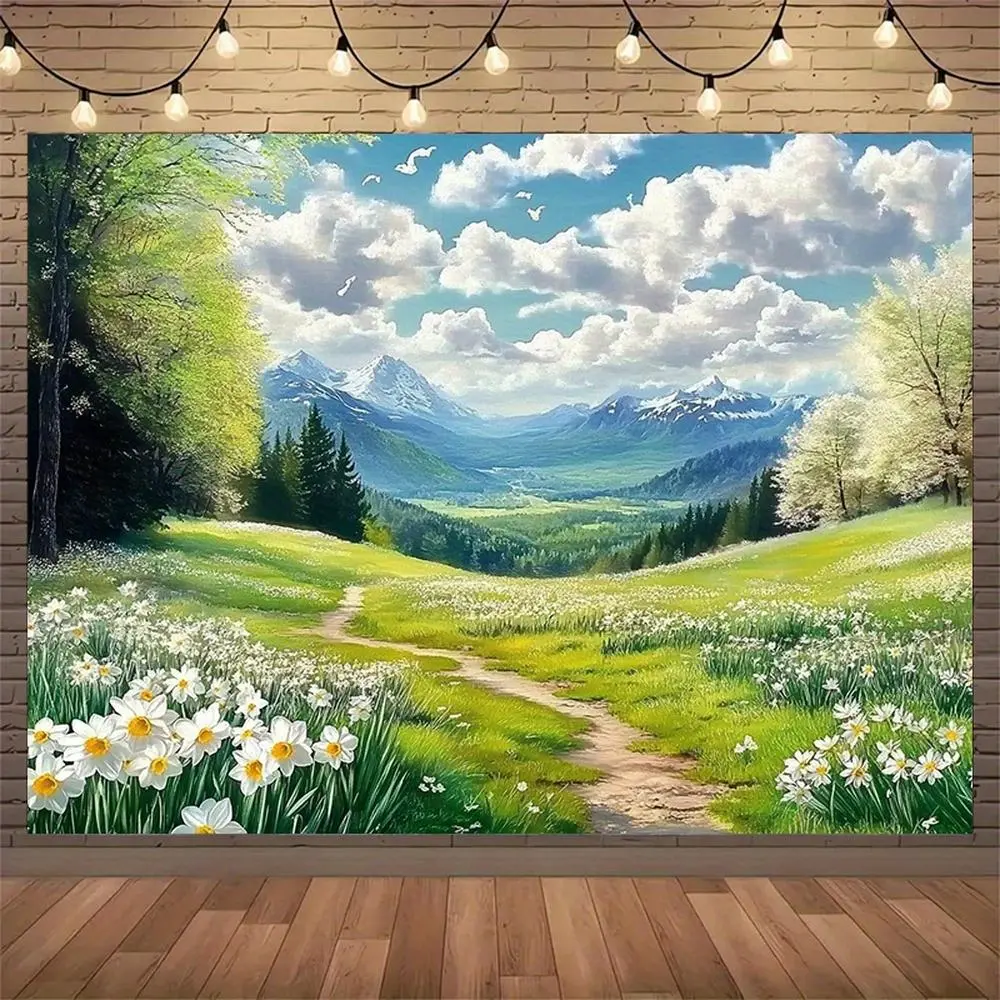 Polyester Photography Backdrop - Spring Green Meadow & Sky Large Countryside Farm Scene Banner, Ideal for Happy Birthday Parties, Studio Props, Indoor-Outdoor Home Decor Supplies