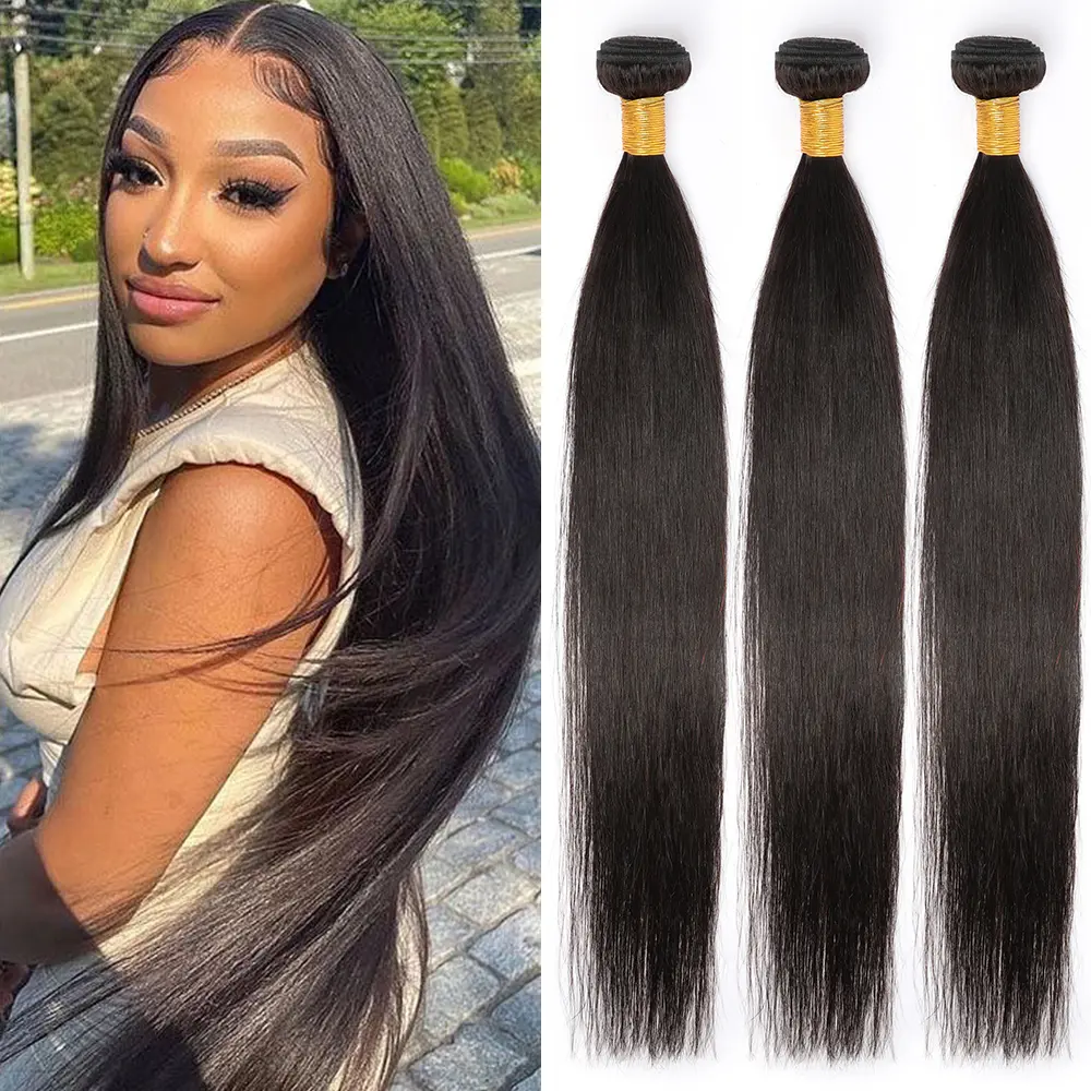 Hair Natural Black Color 12-32inch Straight Human Hair Bundles 100% Unprocessed Human Hair Extensions 12A Grade Brazilian Virgin Hair 3/4 Pieces Double Weft Full Bundles