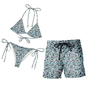 Matching Couple Swimwear - Blue Gray Abstract Camo String Bikini & Men's Board Shorts Set Modern Tactical Style Outdoor Swimsuits, Quick-Dry Camouflage Beachwear for Boat & Lake Life, Country Couple Gift, His and