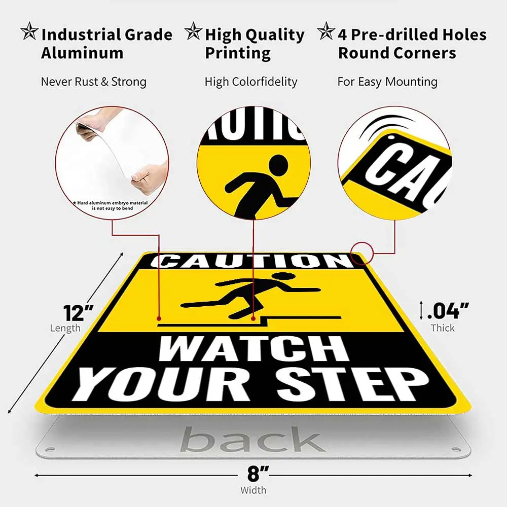 12x8 in Lightweight Eco-Friendly Aluminium Metal Caution Sign - Yellow & Black Vintage Decorative Safety Warning Plaque with Non-Slip Hazard Symbol, Retro Home Decor for Office, Schools
