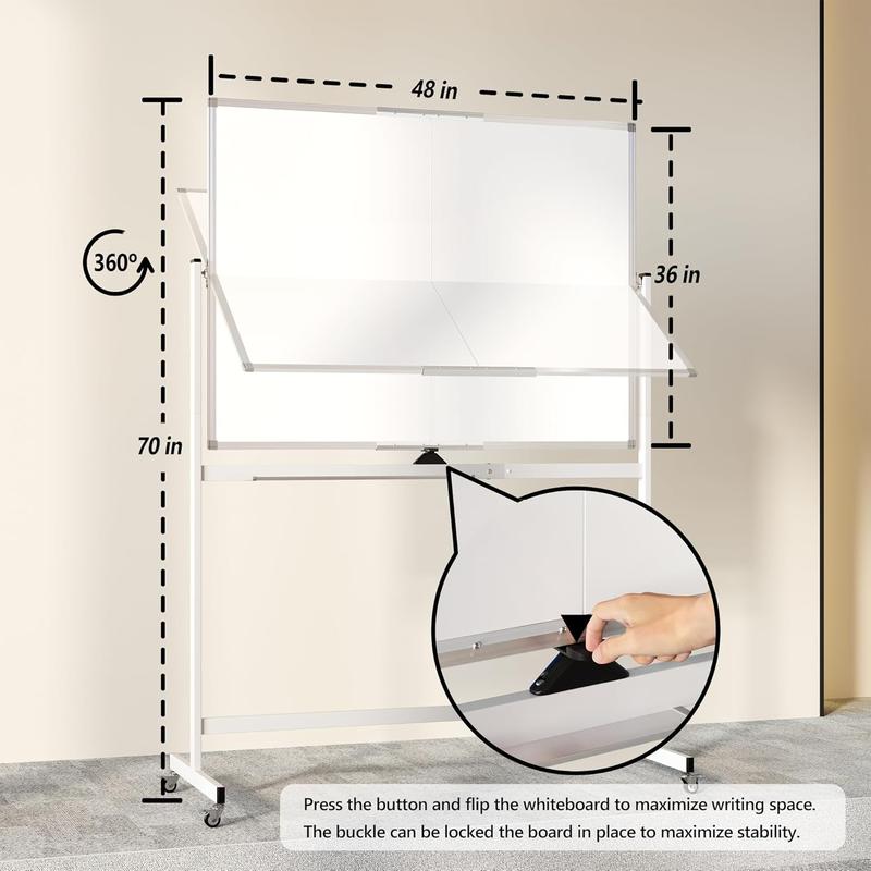 Large Rolling Whiteboard on Wheels, 48" x 36" Double-Sided Mobile White Board with Stand, 4' x 3' Portable Standing  Dry Erase Board Easel for  Office Classroom School,
