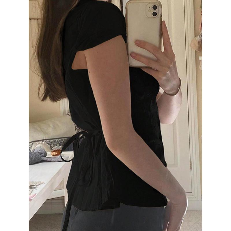 Women's Button Down Shirts Cap Sleeve Lapel Collar Tie Back Slim Fit Tops Summer Shirts Black Casual