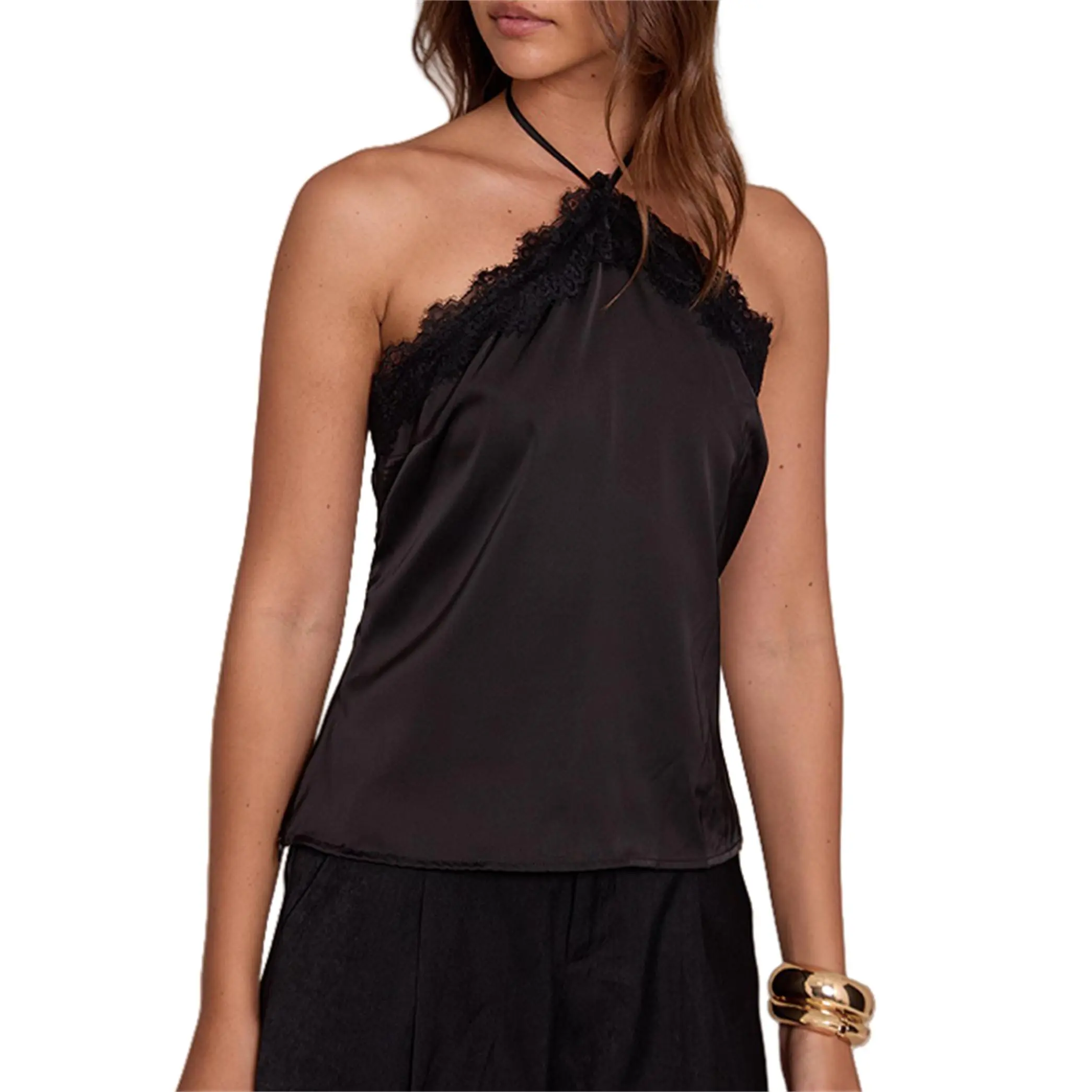 Women satin lace trim halter tops sleeveless backless satin silk cami tops Y2k girls going out tops party streetwear
