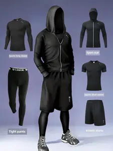 Men's Casual Sports Set, Breathable Compression Long Sleeve & Short Sleeve Tees, Reflective Hoodie Jacket, Shorts & Leggings