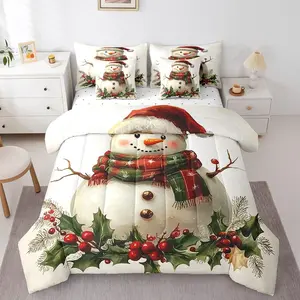 Cartoon Snowman 7 Pieces Reversible Comforters White Christmas Bed Set,Oil Painting Snowman Bed in a Bag