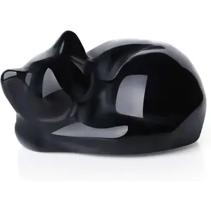 X-SO66 Black Obsidian Sleeping Cat Statue Healing Crystals Hand Carved Cute Kitten Figurine Sculpture 1.6" Glossy Gemstone Decor Polished Stone Reiki Office Room Bedroom Desk Home Decoration Gifts