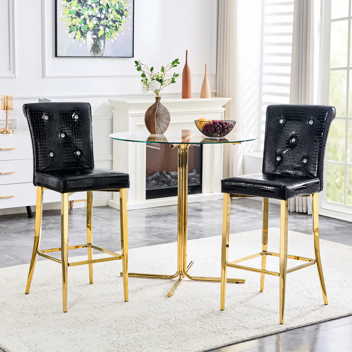 3-Piece Counter Height Dining Set - Sturdy Round Dining Table (Tempered Glass Top, Gold Metal Base), Compact Setup with 2 Upholstered Bar Stools (Adjustable Black PU Leather Croco Pattern, Soft Seating), Crystal Buttons